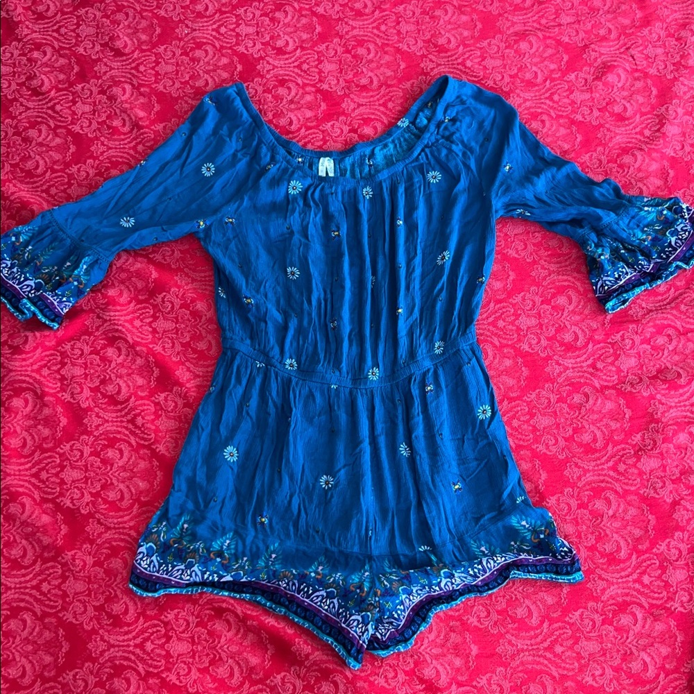 Mudd Teal Boho Romper Off Shoulder Embroidered Rayon Women's Medium